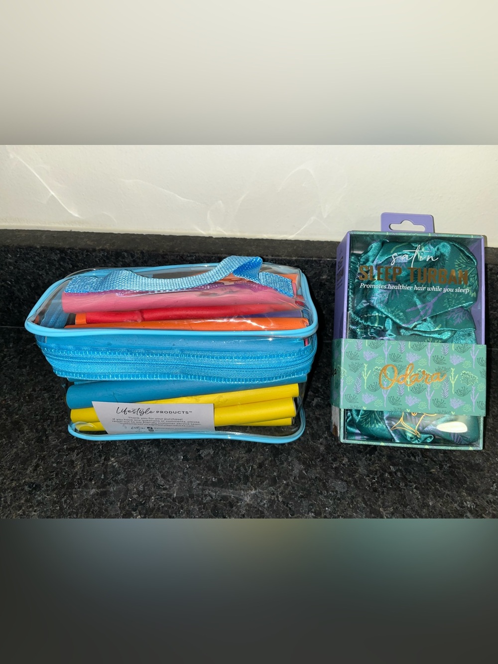 Hair curlers + carry on case + satin sleep turban!